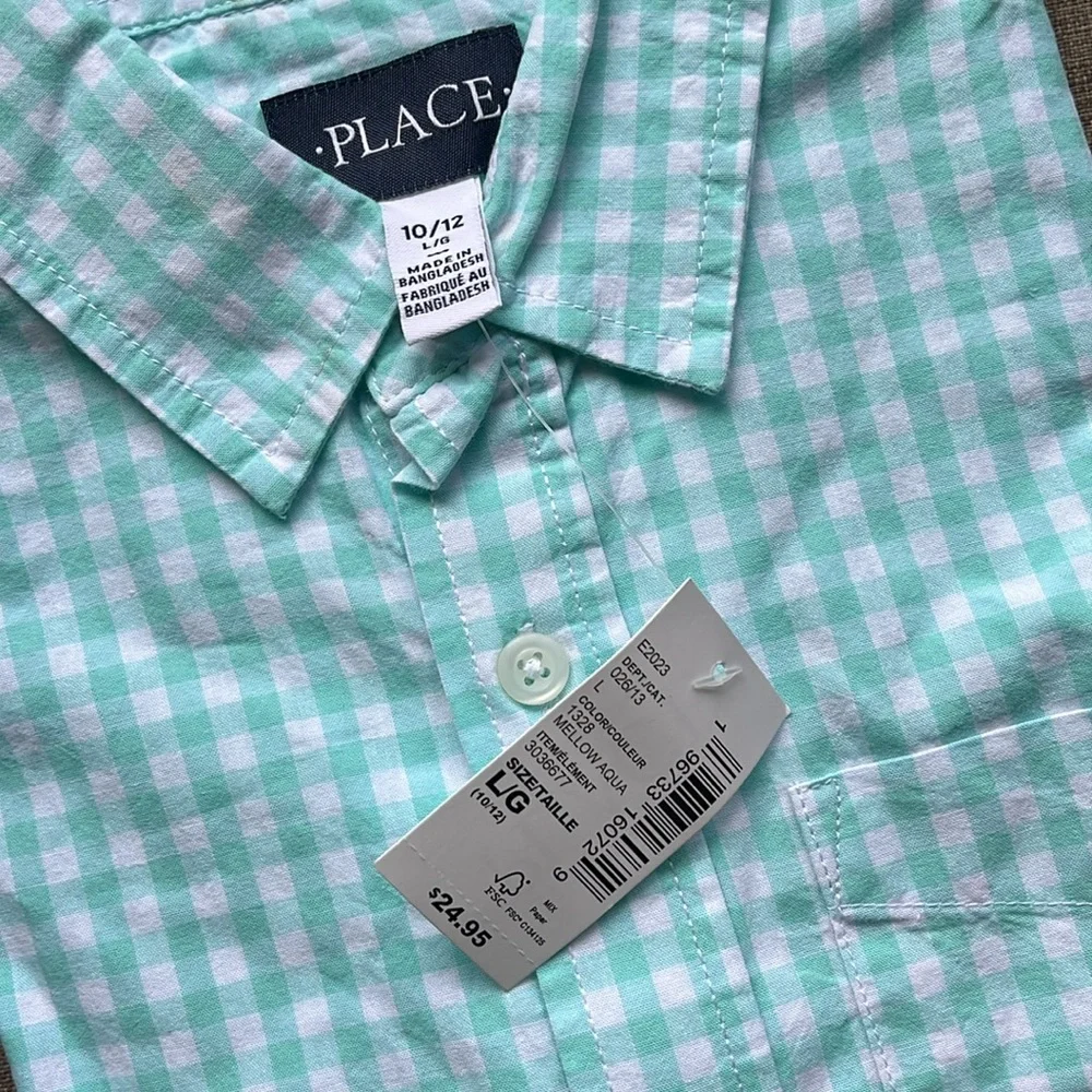 The Children’s Place Teal Gingham Short Sleeve Button Down Shirt NWT 10/12